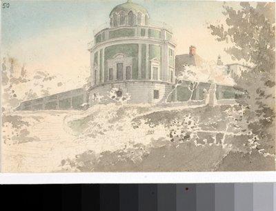 Näkymä Pavilion Kaffeehauselle Bobolin puutarhassa (akvarelli, noin 1825) tekijältä Luigi Garibbo