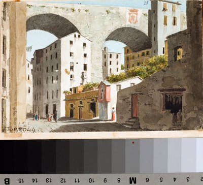 Näkymä Genovan Carignanon sillalle (piirustus ja akvarelli, n. 1825) tekijältä Luigi Garibbo