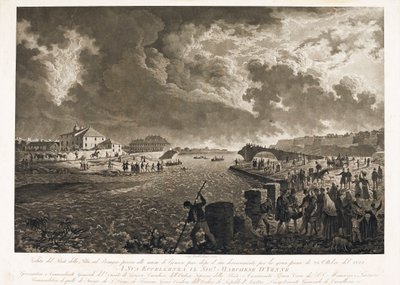 Näkymä Pilan sillalle Genovassa, Bisagno-joen tulvan jälkeen 26.10.1822 (etsaus, n. 1822) tekijältä Luigi Garibbo