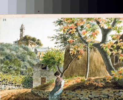 Näkymä San Bartolomeon kirkolle Staglienon vuorella Genovassa (piirustus ja akvarelli, n. 1825) tekijältä Luigi Garibbo