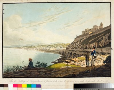 Näkymä Sampierdarenan alueelle Genovan länsipuolella majakasta. (Etsaus, n. 1813-1814) tekijältä Luigi Garibbo