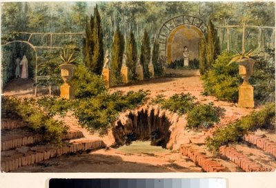 Näkymä Villa Doria a Peglin puutarhaan lähellä Genovaa (akvarelli, noin 1825) tekijältä Luigi Garibbo