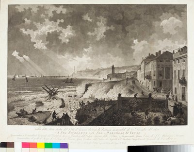 Näkymä Genovan satamasta tempeten aikana 25.12.1821 (kaiverrus, n. 1821) tekijältä Luigi Garibbo