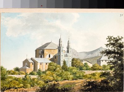 Näkymä ss Nazariuksen ja Celsuksen kirkolle Arenzanossa, Genovassa (akvarelli, n. 1825) tekijältä Luigi Garibbo