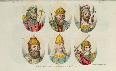 1. Rurik 2. Igor Kiovan 3. Olga 4. Svjatoslav 5. Vladimir Suuri 14. Ivan IV Giulio Ferrarion muinainen puku, 1831 tekijältä Luigi Giarrè