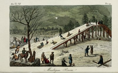 Vuoristorata. Kuva Giulio Ferrarion muinaisista ja nykyaikaisista tavoista tai hallintohistoriasta, 1831 tekijältä Luigi Giarrè