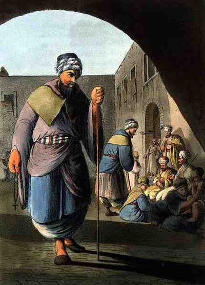 Maroniittimunkki ja pyhiinvaeltajat, osasta Views of Palestine Vol.II, julkaisija R. Bowyer Historic Gallery, Lontoo tekijältä Luigi Mayer