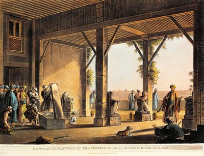 Egyptiläisiä antiikkia Boulaq-talon pihalla Luigi Mayerin Näkymät Egyptissä, kaiverrus tekijältä Luigi Mayer