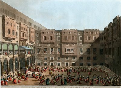 ""Mamelukit harjoittelevat Mourad Beyn palatsin pihalla, Tunisissa"" (Mamelukit harjoittelemassa Murad Beyn palatsin aukiolla) Luigi Mayerin (1755-1803) litografia - 1802 Koko 22,9x31,6 cm Yksityiskokoelma tekijältä Luigi Mayer