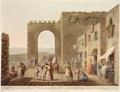 The Principal Street Betlehemissä, julkaisusta Views of Palestine, Vol.II, julkaisija R. Bowyer Historic Gallery, Lontoo, 1803 (värillinen akvatinta) tekijältä Luigi Mayer