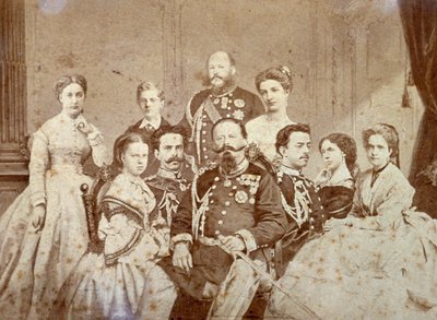 Kuvassa on Savoijin kuninkaallisen perheen eri jäseniä. Keskellä istuvat Victor Emmanuel II, Umberto I ja Amedeo täydessä juhla-asussa; hallitsijan tyttäret ja Elisabetta Saksin tyttäret tyylikkäissä vaatteissa. Taustalla vasemmalla tekijältä Luigi Montabone