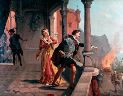 Kuvitus Manricon aarialle, Di quel pira III näytös, Il Trovatore, Giuseppe Verdin ooppera tekijältä Luigi Morgari
