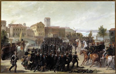Piemontelaiset valtasivat Peschiera del Gardan kaupungin 30. toukokuuta 1848 (öljy kankaalle tekijältä Luigi Morgari