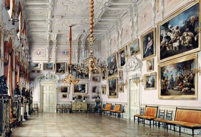Tanssisali kreivi Bezborodkon talossa, Pietari, 1849 (kynä, sivellin, wc, muste ja valkoinen väri paperille, 1849 (kynä, sivellin, wc, muste ja valkoinen väri paperille) tekijältä Luigi Premazzi