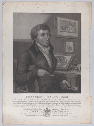 Muotokuva Francesco Bartolozzista, istuva, kädessään suurennuslasi ja grafiikkatyökalu..., 1827 tekijältä Luigi Rados