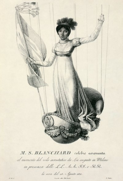 Muotokuva ranskalaisesta ilmapalloilijasta Sophie Blanchardista hänen lennon aikana Milanossa, Italiassa, 1811 tekijältä Luigi Rados