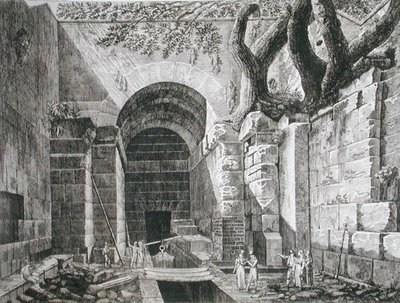 Roomalaiset jäännökset Castel Gandolfossa, Albano-järvellä, julkaisusta "The Antiquities of the Contours of Rome", julkaistu 1824-26 (etsaus) tekijältä Luigi Rossini