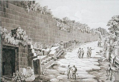 Roomalainen tie Tusculoon, sen ensimmäisen kaivauksen jälkeen vuonna 1825, kirjasta "Le Antichita dei contorni di Roma", julkaistu 1824-26 (etsaus) tekijältä Luigi Rossini