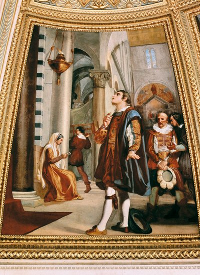 Galileo Galilei katselee kattokruunua, joka heiluu edestakaisin Pisan katedraalissa 1582 tekijältä Luigi Sabatelli