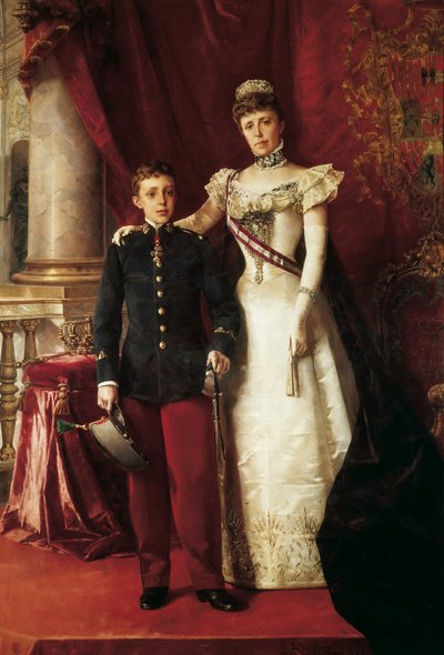 Muotokuva Alfonso XIII:sta (1886-1941) ja Maria Cristina de Teschenistä, joka tunnetaan nimellä Maria Cristina of Habsburg (1858-1929), Itävallan arkkiherttuattarena tekijältä Luis Alvarez Catalá