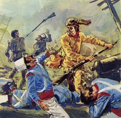 Davy Crockett kaatui lopulta meksikolaisten lakkaamattomiin hyökkäyksiin (värilitografia). tekijältä Luis Arcas Brauner