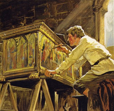 Duccio di Buoninsegna työskenteli Sienassa koristellen laatikoita (värilitografia). tekijältä Luis Arcas Brauner