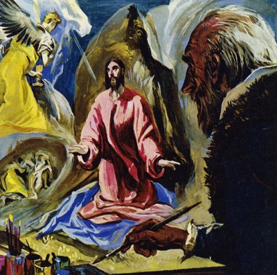 El Greco jatkoi uskonnollisten aiheiden maalaamista kuolemaansa asti 73-vuotiaana (värilitografia). tekijältä Luis Arcas Brauner