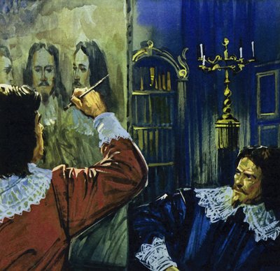 Kuningas Kaarle I kutsui Van Dyckin Englantiin maalaamaan hänen muotokuvansa (värilitografia). tekijältä Luis Arcas Brauner