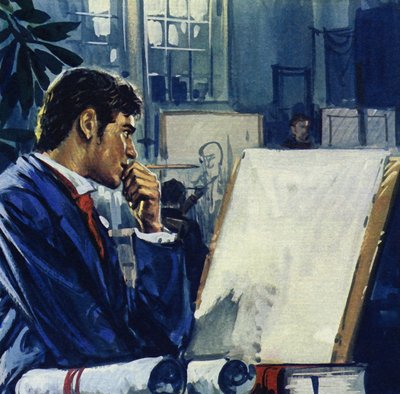 Manet sai isältään valita: siviilipalvelus tai merivoimat (värilitografia). tekijältä Luis Arcas Brauner