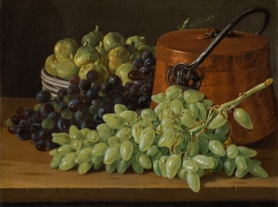 Asetelma, jossa on viinirypäleitä, viikunoita ja kuparikattila, noin 1770. tekijältä Luis Egidio Melendez
