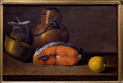 Viipale lohta, sitruuna ja ruokailuvälineet. Luis Melendezin (1716 - 1780) maalaus, espanjalainen koulu tekijältä Luis Egidio Menendez or Melendez