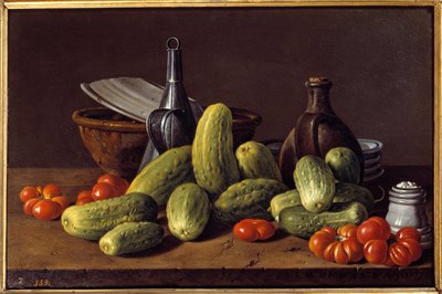 Asetelma: kurkut, tomaatit ja astiat. Luis Melendezin (1716 - 1780) maalaus tekijältä Luis Egidio Menendez or Melendez