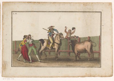 Picador tähtää keihällä härkää Coleccion de las Principles suertes de una corrida de toros (sarjan nimi) Kokoelma tärkeimmistä härkätaisteluharjoituksista (sarjan nimi) tekijältä Luis Fernandez Noseret