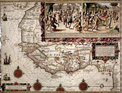 Kartografi Luis Teixeran (tai Teixeiran) tekemä maantieteellinen kartta Guineesta noin 1586. Oikeassa yläkulmassa alkuperäiskansojen (afrikkalaisten) tanssikohtaus. tekijältä Luis Teixeira