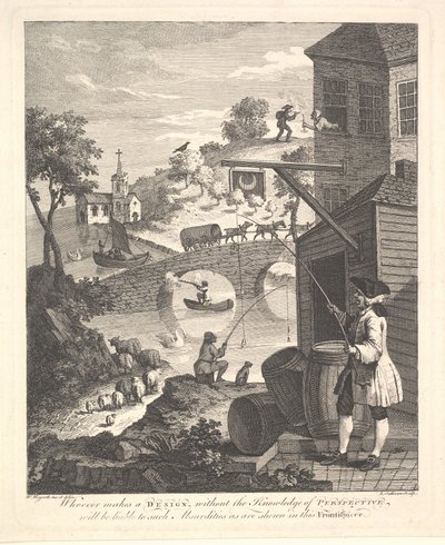 Satiiri väärästä näkökulmasta: Frontispiece to Kirbys Perspective, helmikuu 1754. tekijältä Luke Sullivan