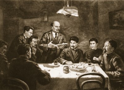 Bolshevikkipuolueen keskuskomitean kokous 23.10.1917 (litho) tekijältä Lupov (attr. to)