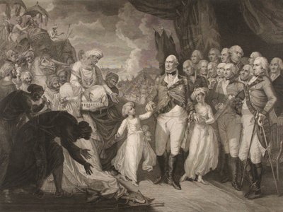 Markiisi Cornwallis ottaa vastaan panttivankiruhtinaat, Tippoo Sultanin pojat tekijältä M. (after) Brown