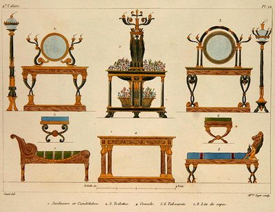 Mme Soyerin kaiverretut huonekalusuunnitelmat, levy 24 julkaisusta "Modeles de Meubles et de decorations interieures pur les Meubles", julkaistu 1828/41 (väri litho) tekijältä M. (after) Santi