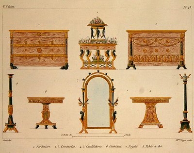 Mme Soyerin kaiverretut huonekalusuunnitelmat, levy 48 julkaisusta "Modeles de Meubles et de decorations interieures pur les Meubles", julkaistu 1828/41 (väri litho) tekijältä M. (after) Santi