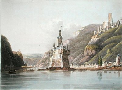 Pfalzin linna ja Laubin kaupunki, kuvitus teoksesta "Maalauksellinen kiertue Reiniä pitkin Mentzistä Kölniin", T. Sutherlandin kaivertama, julkaistu 1820 (värilitho) tekijältä M. (after) Schuetz