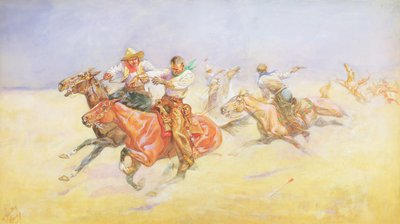 Cowboyt ja intiaanit (akvarelli ja guassi paperille) tekijältä M. Dorothy Hardy
