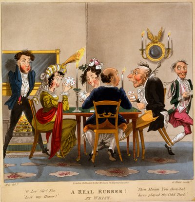 Todellinen kumi! At Whist, George Huntin printti, 1827 (käsinvärinen kaiverrus) tekijältä M. Egerton