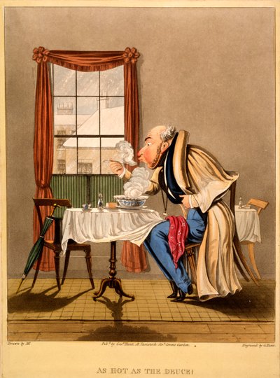 Kuuma kuin kakkonen!, George Huntin printti, 1827 (käsinvärinen kaiverrus) tekijältä M. Egerton