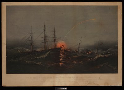 Yhdysvaltain fregatti Sabine pelastaa Yhdysvaltain merijalkaväen pataljoonan kuljetuskuvernööriltä. marraskuun 2. päivänä 1861 Etelä-Carolinan rannikolla (litografia, värillinen). tekijältä M. F. H. De & Parsons Charles Haas