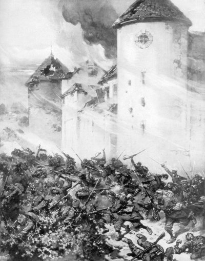 Ranskalaiset ja saksalaiset taistelevat Chateau de Mondementin muurien alla Ranskassa, 1914. tekijältä M. H. W. Koekkok