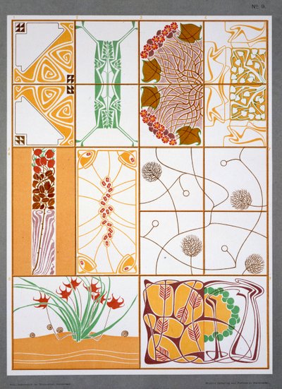 kuvitus M. J. Gradlin julkaisusta "Modern Designs for Ceilings and Walls", julkaistu 20. luvun alussa (värilitho) tekijältä M. J. Gradl