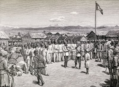 Sir Henry Morton Stanley puhuu kapinallisille upseereille Kavallissa, 1890 (puukaiverrus) tekijältä M. Schonberg