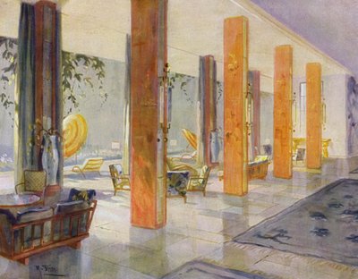 1930-luvun sisätilat: Hotellin puutarhasali (värilitho) tekijältä M. Stier