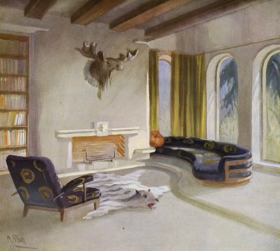 1930-luvun sisätilat: Tupakkahuone maalaistalossa (väri litho) tekijältä M. Stier