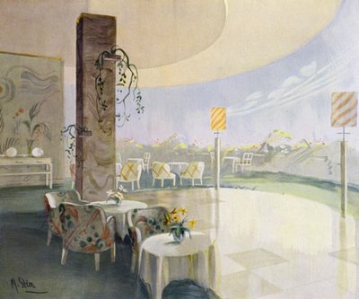1930-luvun sisätilat: Terastikahvila (väri litho) tekijältä M. Stier
